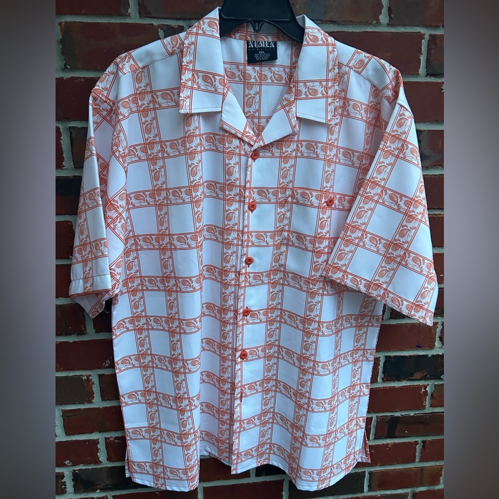 Numen Classic Men’s Short Sleeve Button Down Orange White Paisley 2XL Shirt
